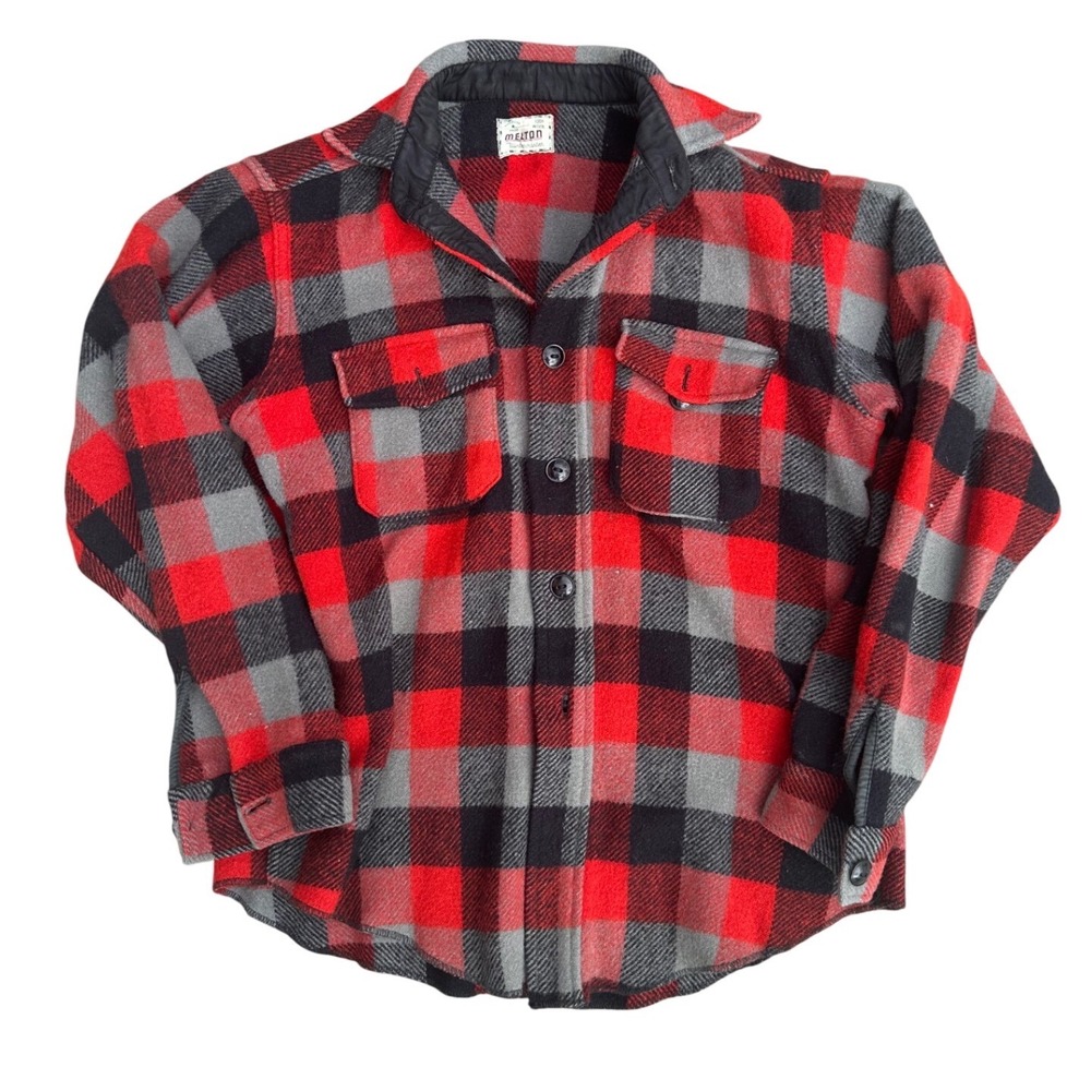 50's Melton Wintermaster Mens Red Buffalo Plaid‎ 100% Wool Shirt Jacket Vintage